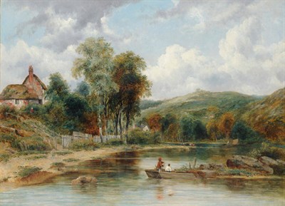 Lot 738 - Frederick Waters Watts (1800-1862) River landscape with two boys in a boat fishing Oil on...