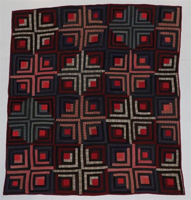 Lot 2033 - Circa 1880 Canadian Wool Log Cabin Quilt, incorporating checked and plain wools, home spun...