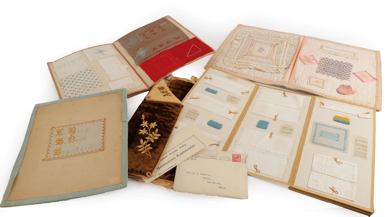 Lot 2052 - Late 19th Century School Girl Sample Folios, comprising a multi paged card folio by F Wagstaff,...