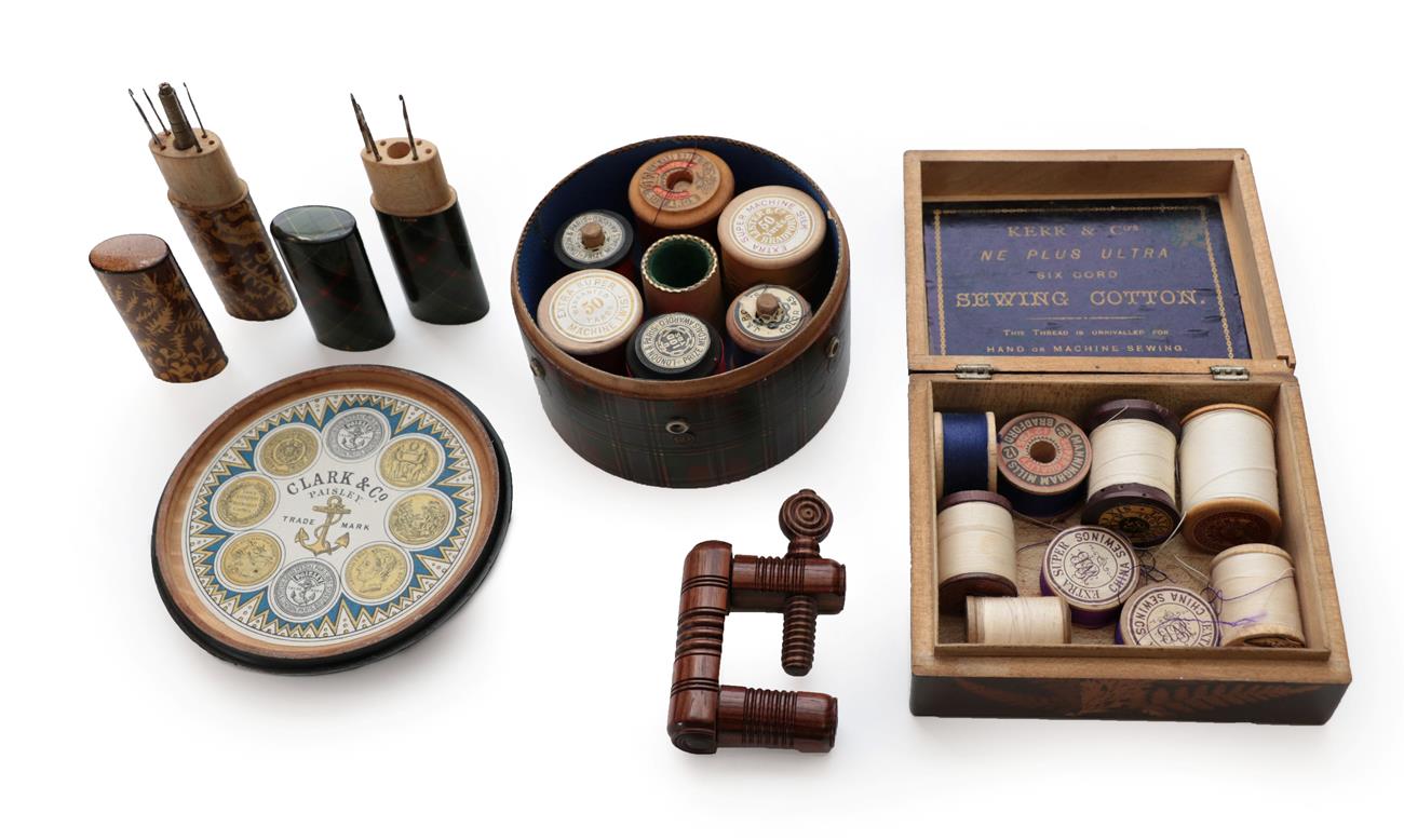 Lot 2056 - Assorted Sewing Accessories, comprising a Clark & Co tartan ware circular thread box and cover;...