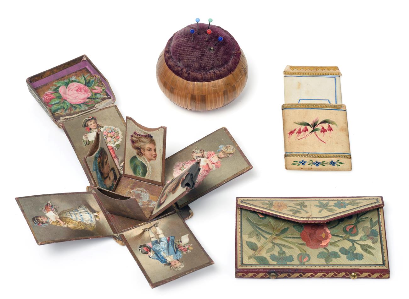 Lot 2060 - Sewing Accessories, comprising a Georgian straw work needle case, inlaid with pink flower heads...
