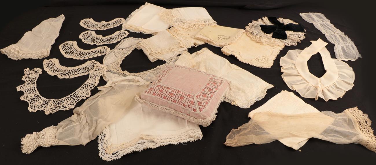 Lot 2084 - Assorted 19th Century and Later Lace, including various cotton and silk handkerchiefs with lace...