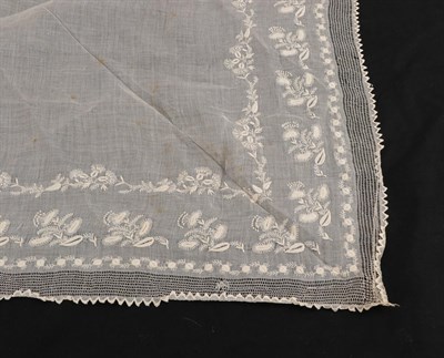 Lot 2087 - Early 19th Century White Muslin Shawl with Ayrshire embroidery to the edges in thistle and...