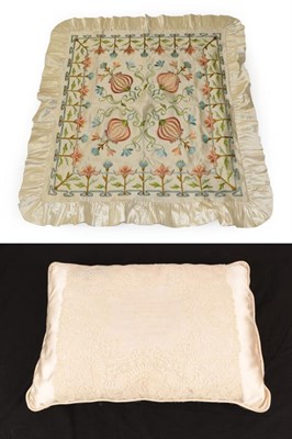 Lot 2088 - An Ivory Silk Pillowcase Mounted with a Lace Panel, embroidered to the centre as a presentation, to