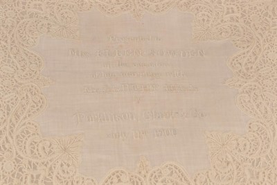 Lot 2088 - An Ivory Silk Pillowcase Mounted with a Lace Panel, embroidered to the centre as a presentation, to