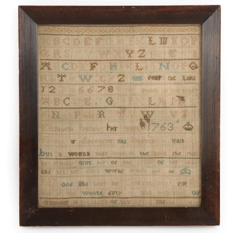 Lot 2090 - Needlework Alphabet Sampler Worked by Elizabeth *u*ey Dated 1763, worked on a linen ground in...