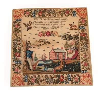 Lot 2091 - Mid-19th Century Sampler Worked by Mary Bonds, depicting a gent and his dog leaning against a tree