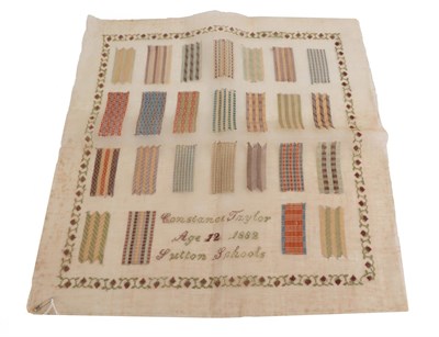 Lot 2093 - Darning Sampler by Constance Taylor Age 12, 1882, Sutton Schools, worked in numerous colours,...