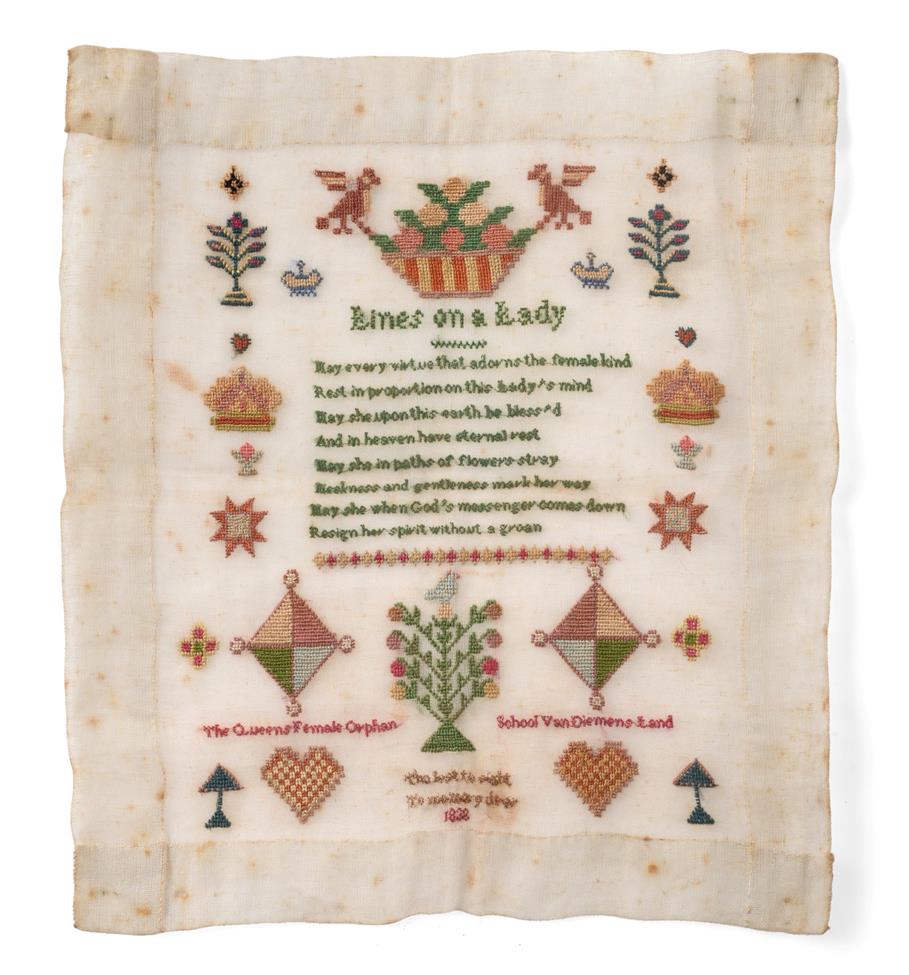 Lot 2097 - A Rare Early 19th Century Tasmanian Sampler Titled 'Lines on a Lady' made by a student at 'The...