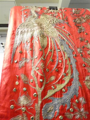Lot 2103 - Circa 1930's Chinese Red Silk Wall Hanging, embroidered overall with a central figure of a...