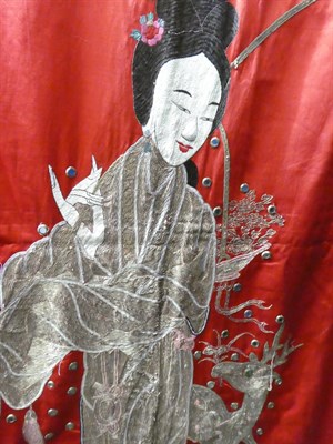 Lot 2103 - Circa 1930's Chinese Red Silk Wall Hanging, embroidered overall with a central figure of a...