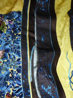 Lot 2105 - Qing Dynasty Chinese Yellow Figured Silk Pleated Wedding Skirt, with blue silk embroidered...