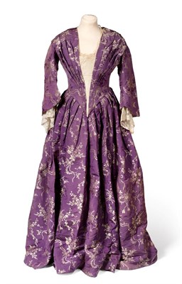 Lot 2113 - 19th Century Ladies' Purple Silk and Silver Brocade Dress, with V shaped pleated bodice, three...