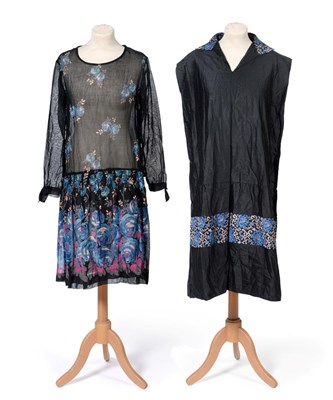 Lot 2124 - Two 1920's Cotton Dresses, comprising a black sheer long 3/4 length sleeve dress printed with...