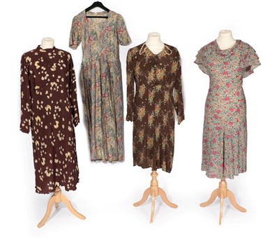 Lot 2125 - Four 1920's Day Dresses, comprising a brown silk long sleeved dress printed with bouquets of green