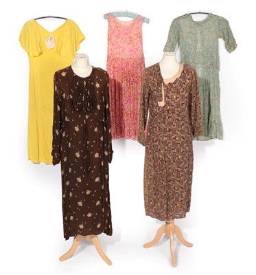 Lot 2126 - Four 1920's Day Dresses, comprising a brown checked 3/4 length sleeve dress, printed with colourful