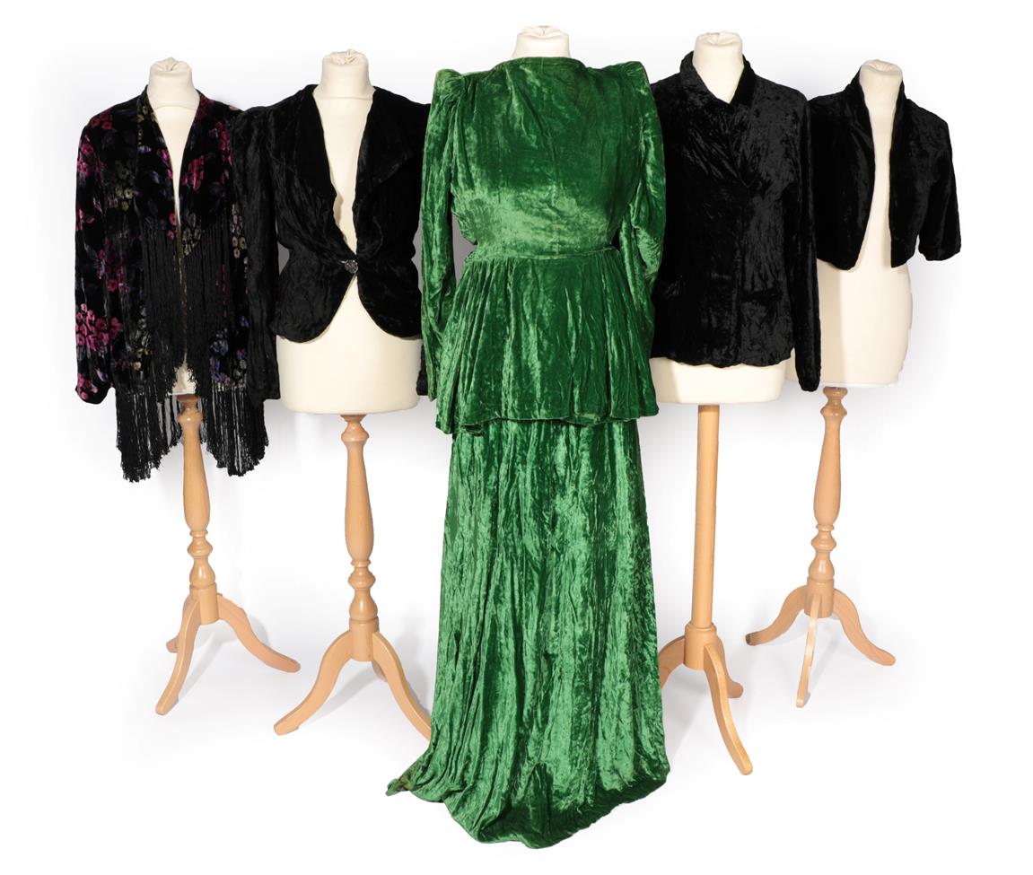 Lot 2127 - Five 1920's Velvet Garments, comprising a black jacket fastened by a single decorative silver...
