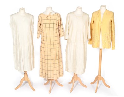 Lot 2128 - Circa 1920's Costume, comprising a cream silk sleeveless drop waist day dress, with zigzag...