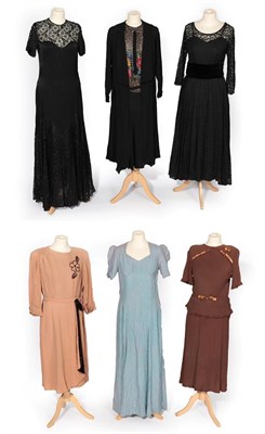Lot 2133 - Six Circa 1930's Evening Dresses, comprising a latte 3/4 length sleeved dress with chocolate velvet