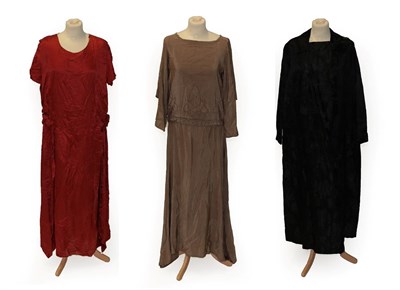 Lot 2135 - Three Circa 1930's Evening Dresses, comprising black and floral silk long sleeved collared...