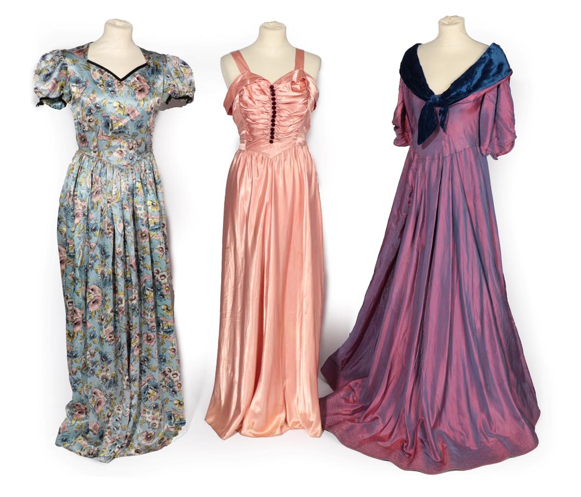 Lot 2136 - Three Circa 1930's Evening Dresses, comprising a pink sateen-type strap dress with sweetheart...