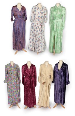 Lot 2140 - Group of 1930's-1950's Housecoats, comprising a raspberry sateen type example patterned with...