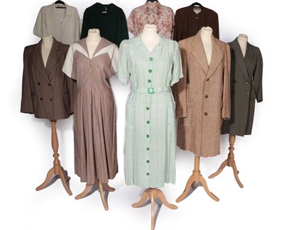 Lot 2144 - Circa 1940's Ladies' and Gentlemen's Costume, comprising four pieces bearing the CC41 utility...