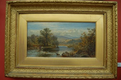 Lot 751 - Alfred Augustus Glendenning Snr (1840-1910) River landscape with figures and dogs beside...