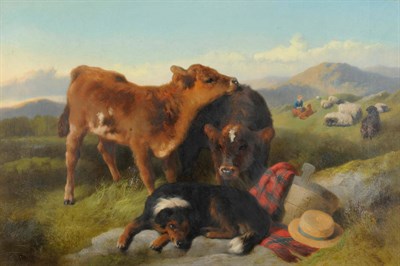 Lot 754 - George William Horlor (1823-1895) Calves and a dog in a Highland landscape Signed and dated (18)89