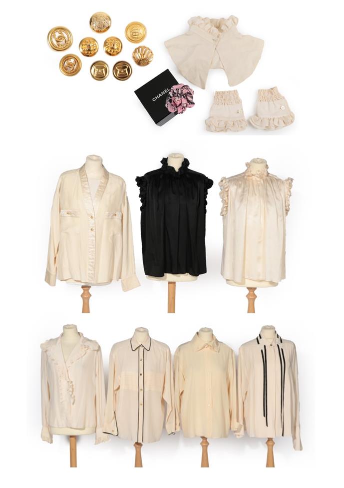 Lot 2207 - Five Chanel Garments and Assorted Accessories, comprising a cream silk shirt with black ribbon...