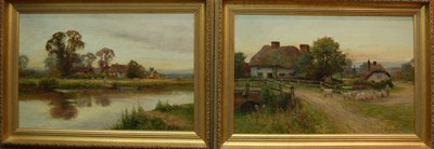 Lot 757 - Ernest Walbourn (1872-1927) River landscape with a mother and child beside a punt; Drover and sheep