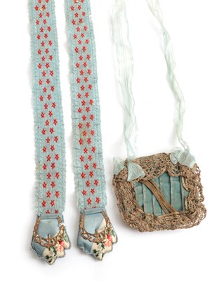 Lot 2227 - Pair of 19th Century Blue Garters, woven with red stars, padded and shaped ends holding a gilt...
