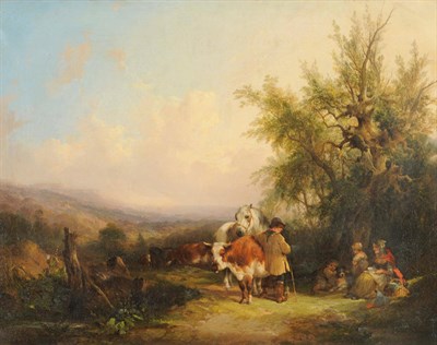 Lot 759 - William Shayer Snr (1787-1879) Country scene with a drover and cattle on a sunlit path Inscribed on