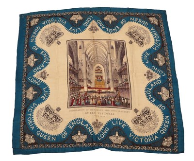 Lot 2238 - Large Queen Victoria Coronation Silk Handkerchief, with a coloured image to the centre...
