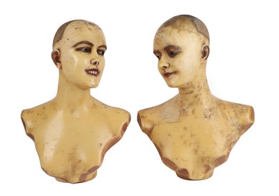 Lot 2243 - A Pair of Circa 1900 Possibly French Wax Mannequin Busts, modelled as young ladies, both with brown