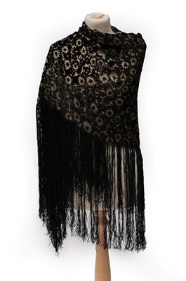 Lot 2245 - Early 20th Century Black Flocked and Gold Lamé Shawl, of floral design with fringing