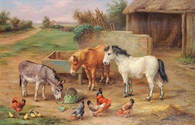 Lot 760 - Edgar Hunt (1876-1953) "A donkey, ponies and poultry in a farmyard" Signed and dated 1934,...