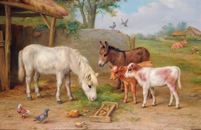 Lot 761 - Edgar Hunt (1876-1953) "Denizens of the farm", pony, donkey, calves and pigeons feeding beside...