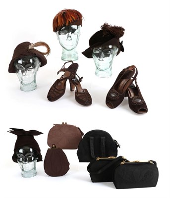Lot 2256 - Circa 1940's Ladies' Costume Accessories, comprising four brown and black Corde handbags with brass