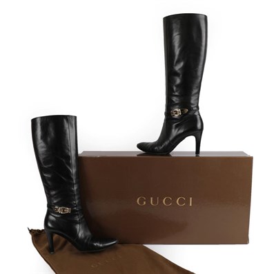 Lot 2294 - Pair of Gucci Black Leather Heeled Boots, with silvered coloured buckles and zip fastenings...