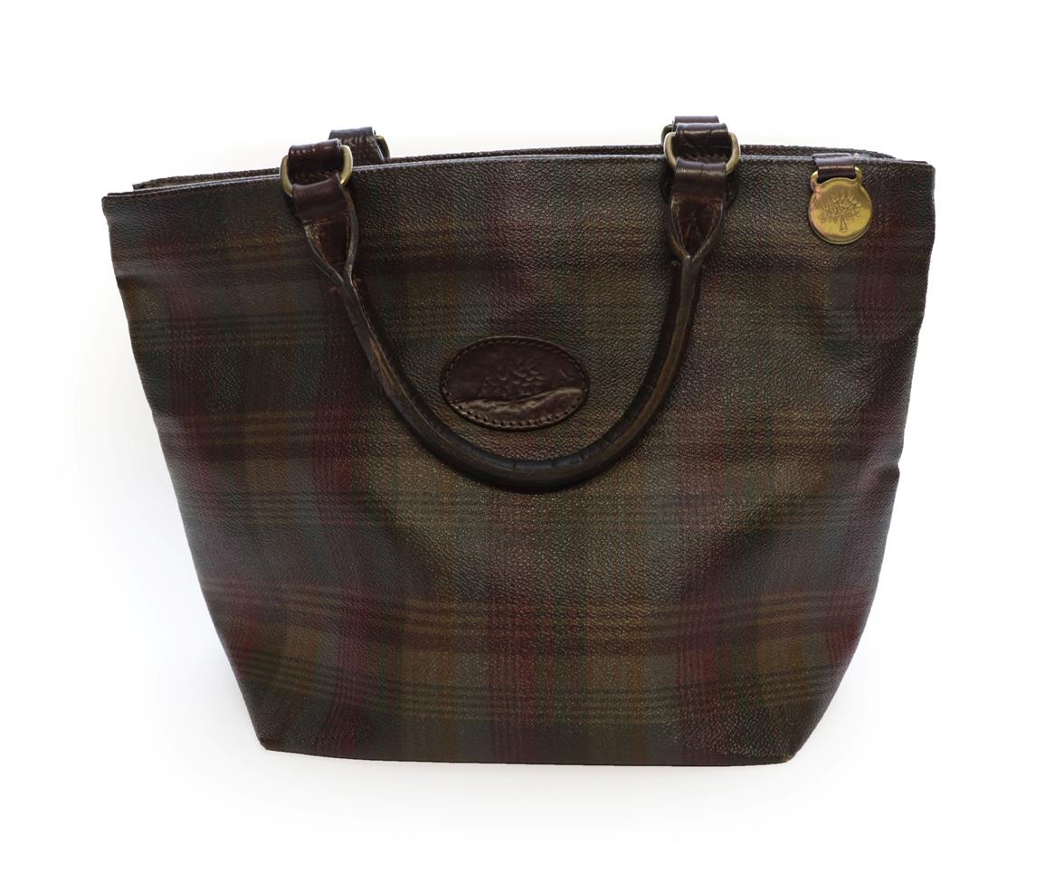 Lot 2302 - Mulberry Checked Handbag, in green, maroon and brown waxed leather, with brown leather twin...