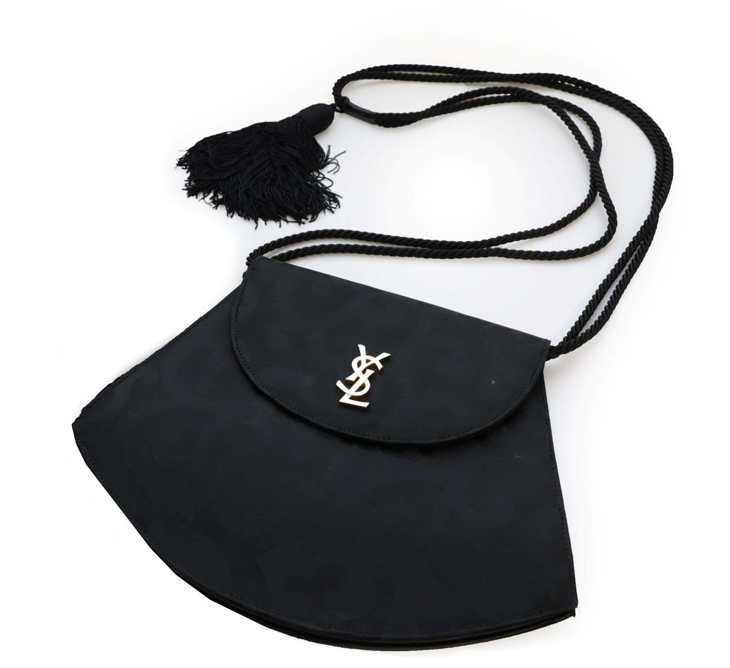 Lot 2304 - Yves Saint Laurent Black Brocade Shoulder Bag, patterned with a scrolling strapwork design, the...