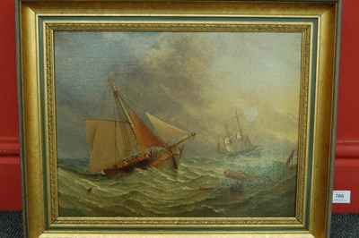 Lot 766 - Follower of George Clarkson Stanfield (19th century) Figures in a fishing boat in a swell, wreckage