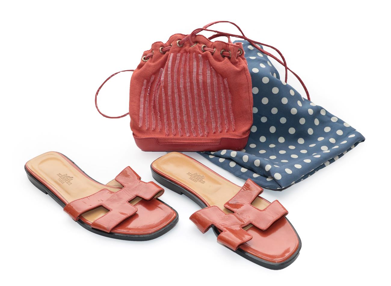 Lot 2306 - Pair of Hermès 'Oran' Sandals, in patent tan/orange leather (size 38); a Bottega Venetia Coral...