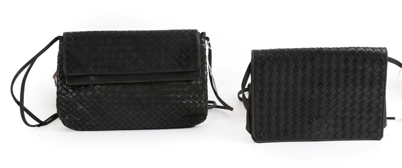 Lot 2311 - Two Bottega Veneta Black Leather Woven Bags, the first of rectangular form with flap closure...