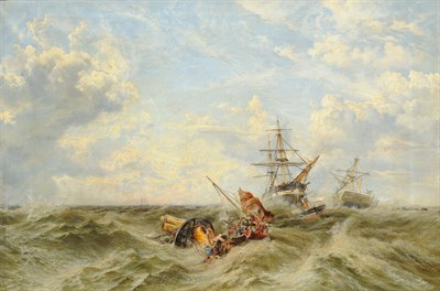 Lot 767 - Keeley Halswelle RI, ARSA (1832-1891) Stormy seascape with figures being rescued from wreckage...