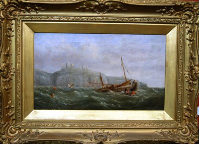 Lot 768 - English School (19th century) Figures in fishing boats in a swell off a coastline, a castle on...