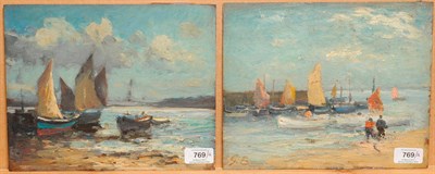 Lot 769 - Attributed to George A. Boyle (1842-1930) Fishing boats in a harbour with figures on a beach;...