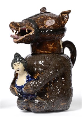 Lot 16 - A Staffordshire Pottery Bear Jug and Cover, early 19th century, the seated animal with brown...