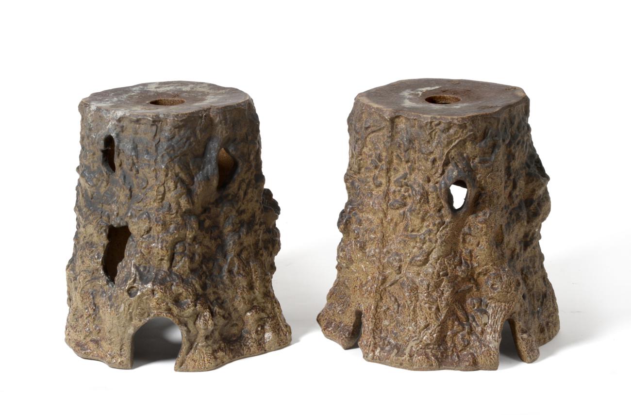 Lot 34 - A Pair of Brown Stoneware Garden Stands, modelled as tree trunks, 51cm high